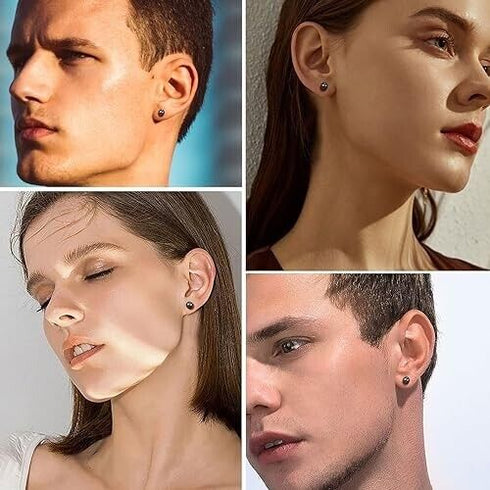 6Pairs 316L Surgical Steel Black Ball Round 3/4/5/6/7/8mm Men Women Stud Earring